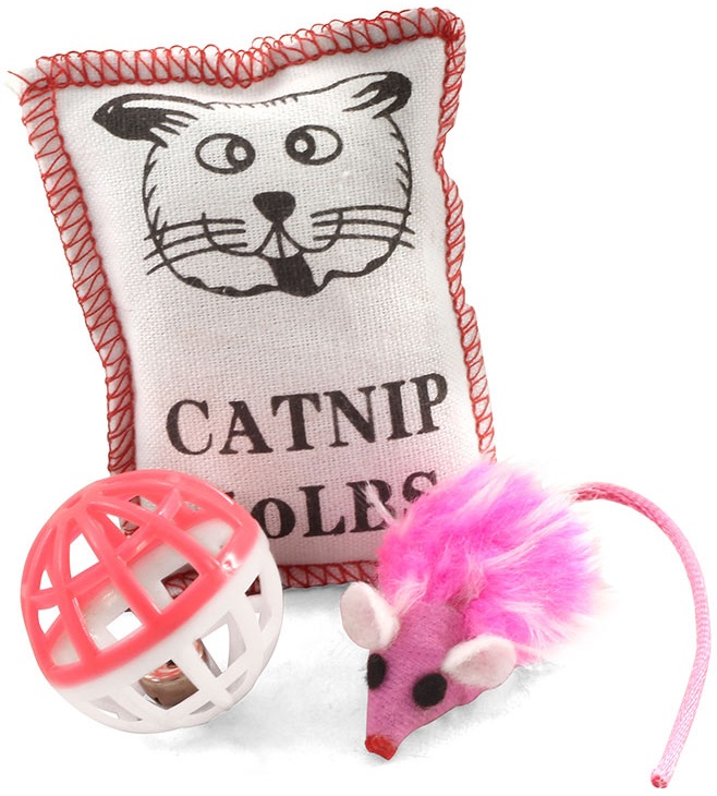 Набор игрушек для кошек (мяч, мышь, подушка), ⌀40мм; 45мм; 90мм